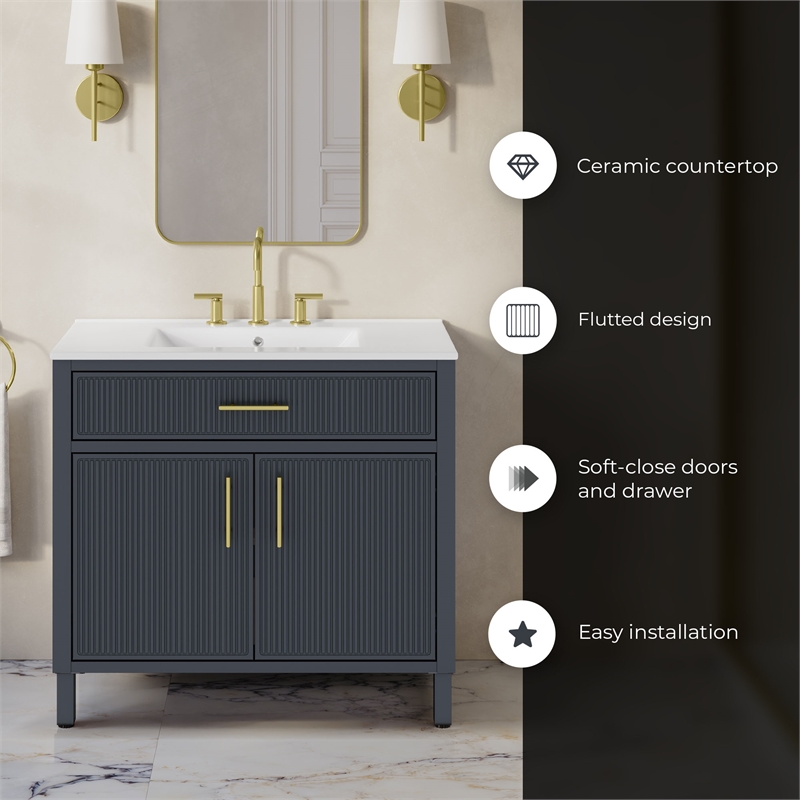OVE Carissa 36 in. Indigo Blue Bathroom Vanity with White Ceramic Countertop