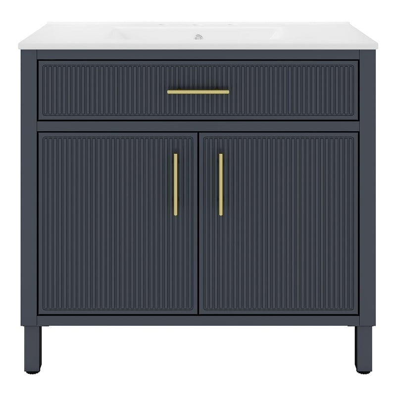 OVE Carissa 36 in. Indigo Blue Bathroom Vanity with White Ceramic Countertop