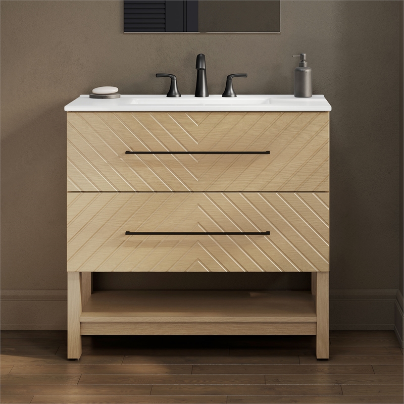 OVE Dahlia 36 in. Bathroom Vanity in Desert Oak with White Ceramic Countertop