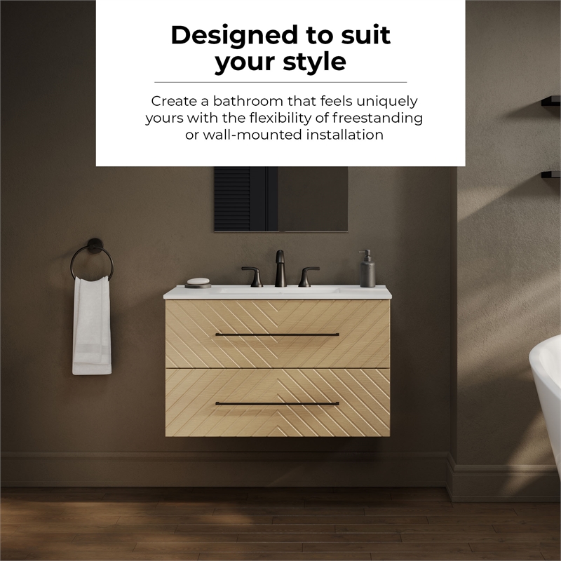OVE Dahlia 36 in. Bathroom Vanity in Desert Oak with White Ceramic Countertop