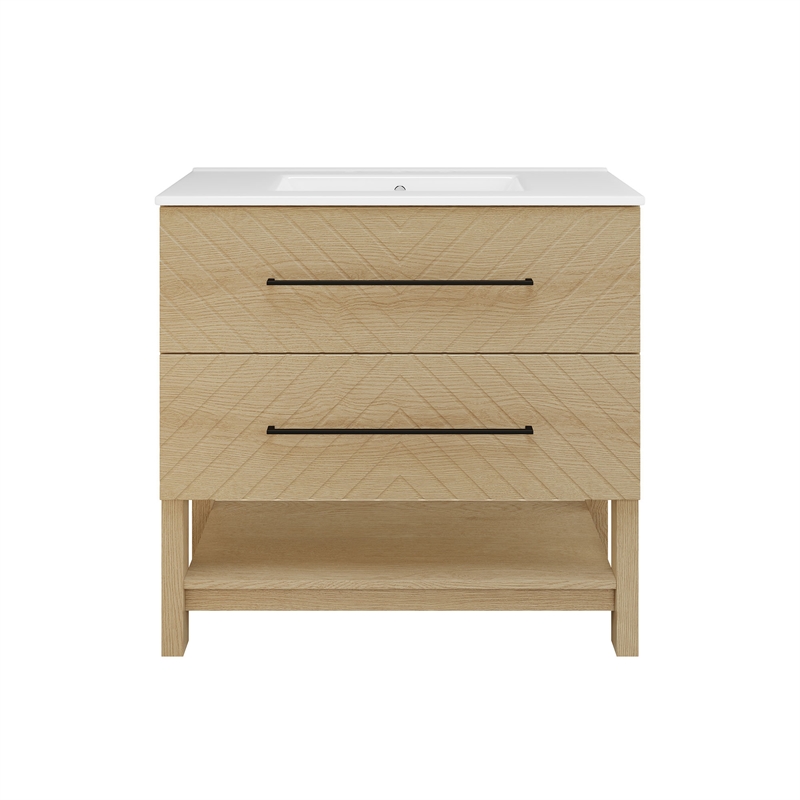OVE Dahlia 36 in. Bathroom Vanity in Desert Oak with White Ceramic Countertop