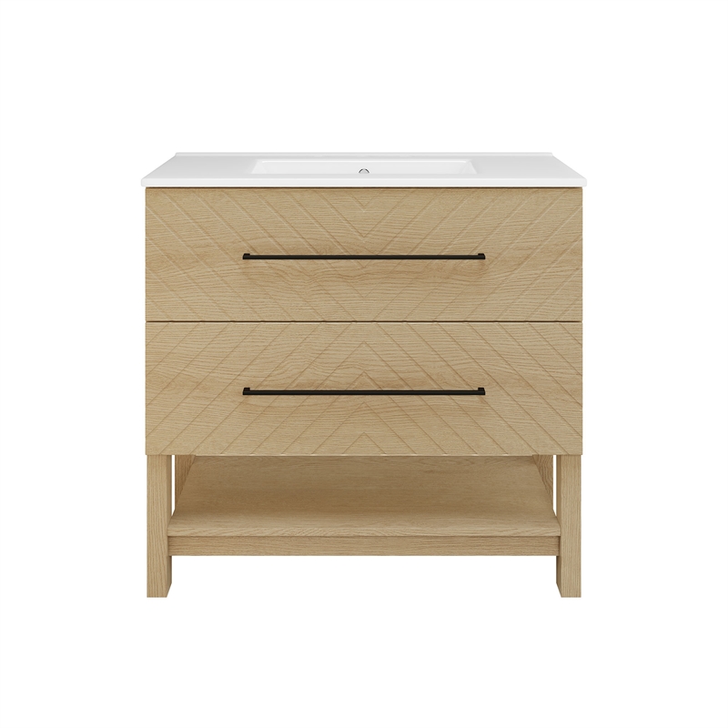 OVE Dahlia 36 in. Bathroom Vanity in Desert Oak with White Ceramic Countertop