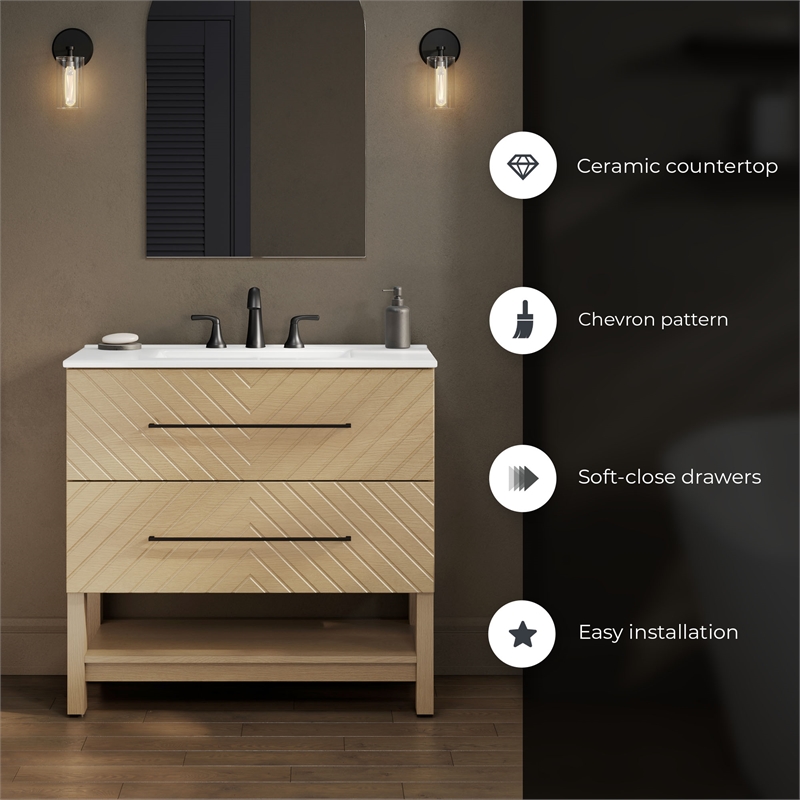 OVE Dahlia 36 in. Bathroom Vanity in Desert Oak with White Ceramic Countertop