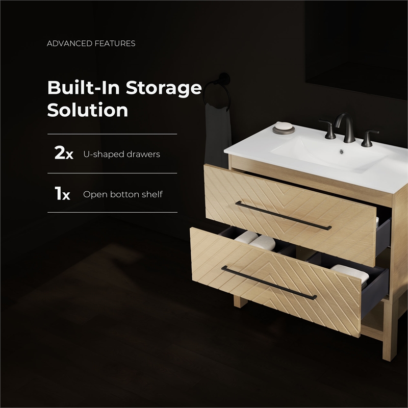 OVE Dahlia 36 in. Bathroom Vanity in Desert Oak with White Ceramic Countertop