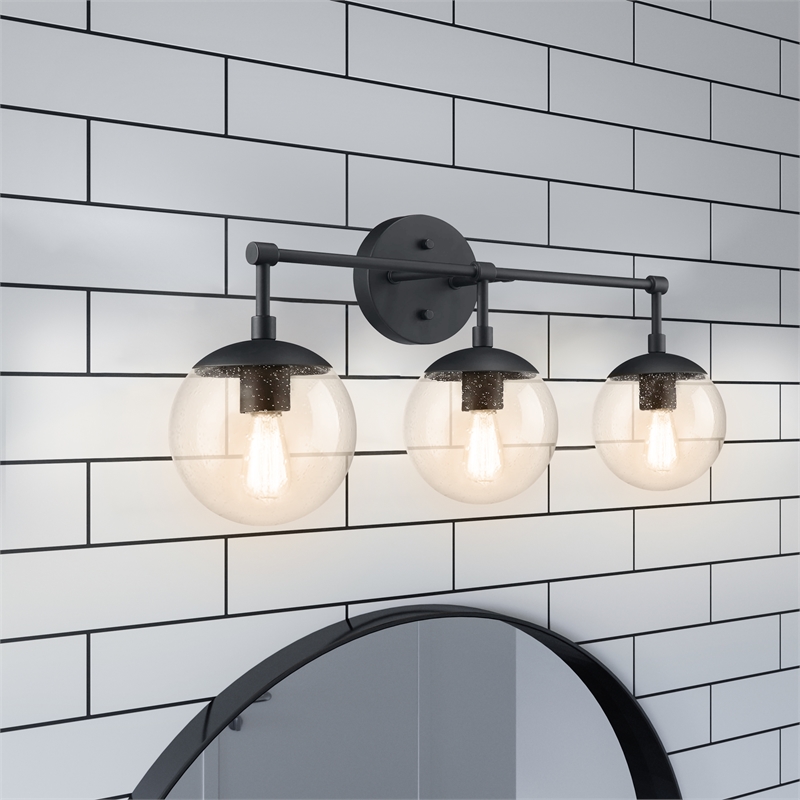 Gracelyn Vanity Light with Clear Seedy Glass in Matte Black 3-Light