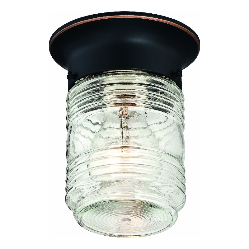 Jelly Jar Outdoor Ceiling Light with Clear Ribbed Glass in Oil Rubbed Bronze