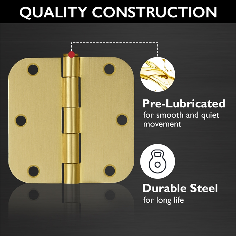 Stainless Steel Door Hinge in Satin Brass 3 1/2 Inch 5/8 Inch Radius 6 Pack