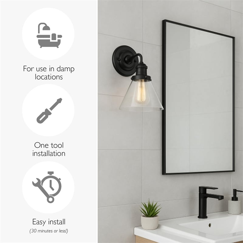 Design House Augustin Transitional Glass Wall Light in Matte Black