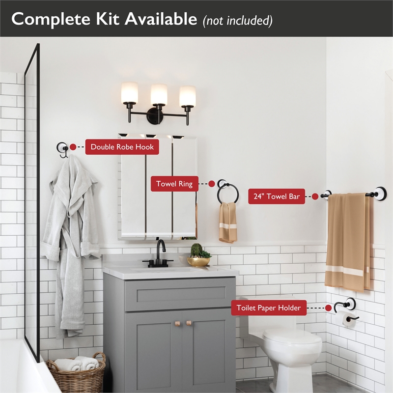 Design House Savannah Steel Towel Bar for Bathroom Matte Black and White 24-Inch
