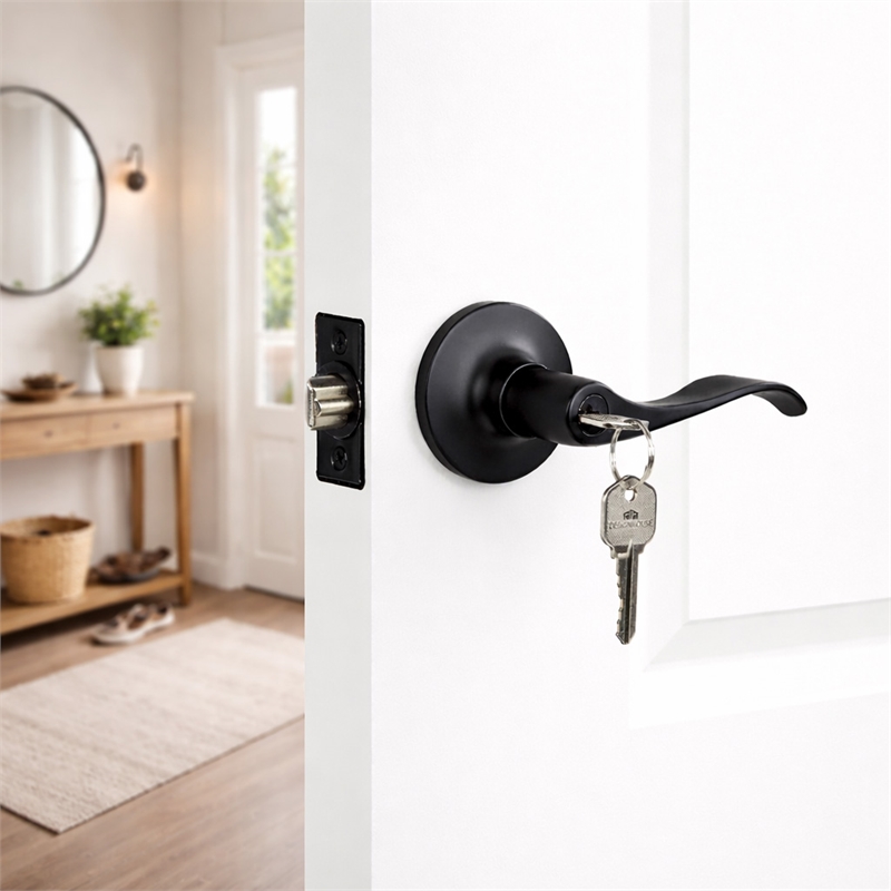 Design House Stratford Keyed Entry Door Lever in Matte Black (ANSI Grade 3)