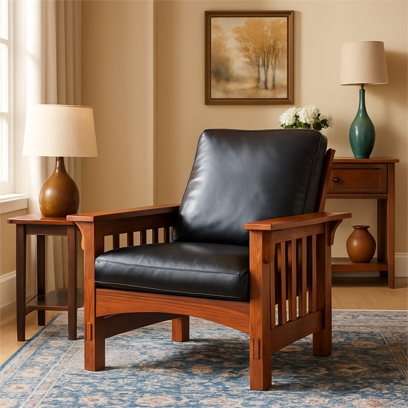Leick Home Mission Adjustable Reclining Faux Leather Armchair in Brown