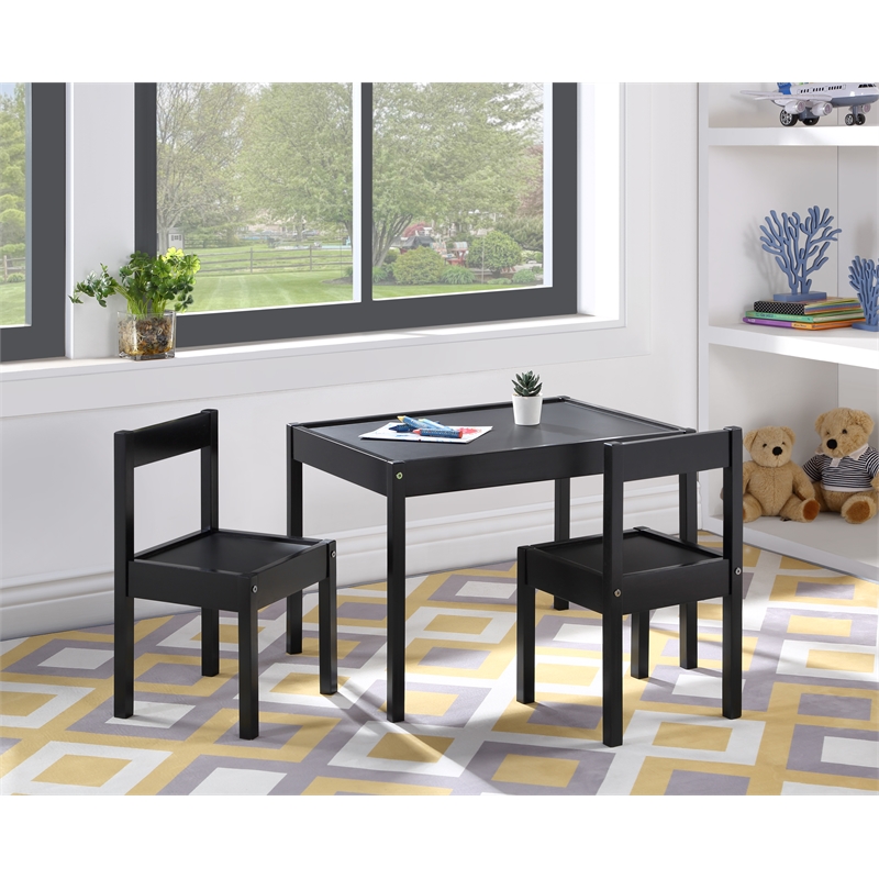 Olive & Opie Della 3-Piece Traditional Wood Kids Table & Chair Set in Black