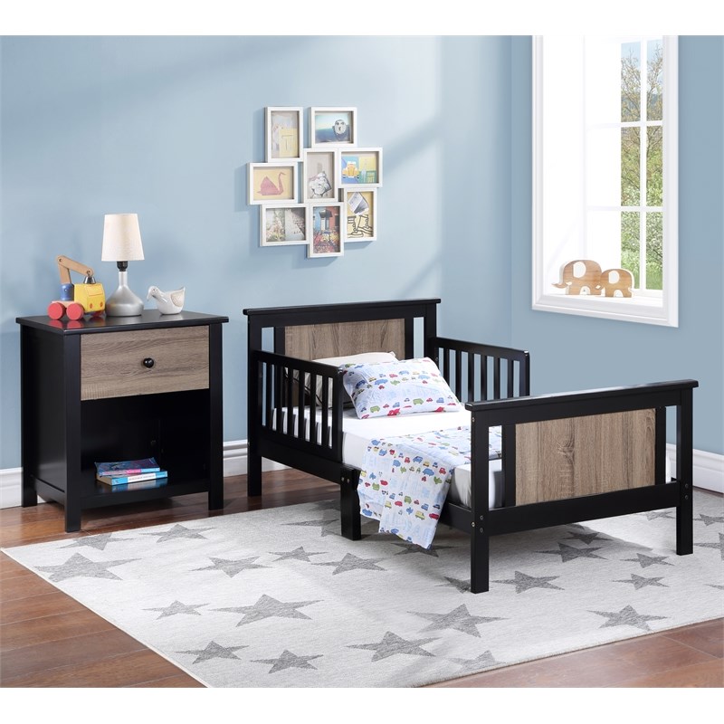 Olive & Opie Connelly Wood Reversible Panel Toddler Bed in Black/Vintage Walnut