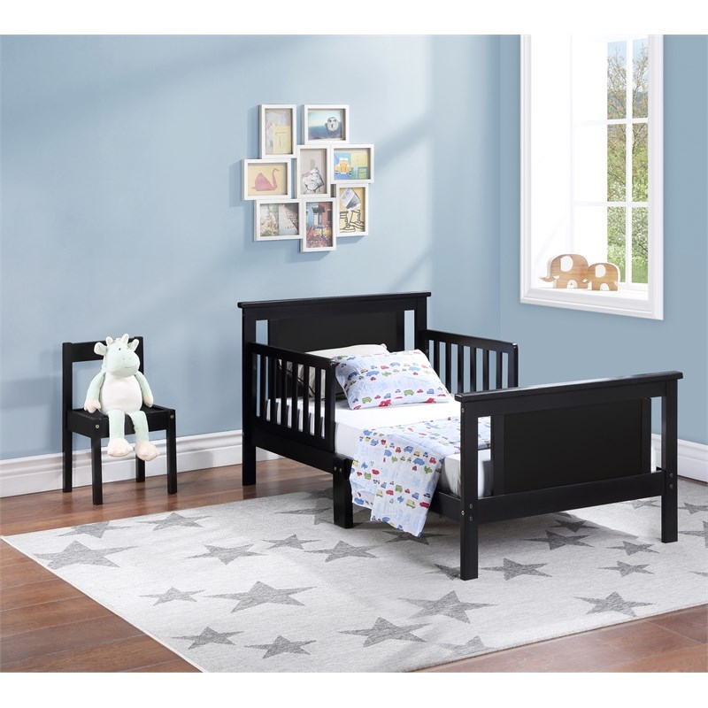 Olive & Opie Connelly Wood Reversible Panel Toddler Bed in Black/Vintage Walnut