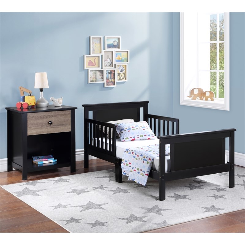 Olive & Opie Connelly Wood Reversible Panel Toddler Bed in Black/Vintage Walnut