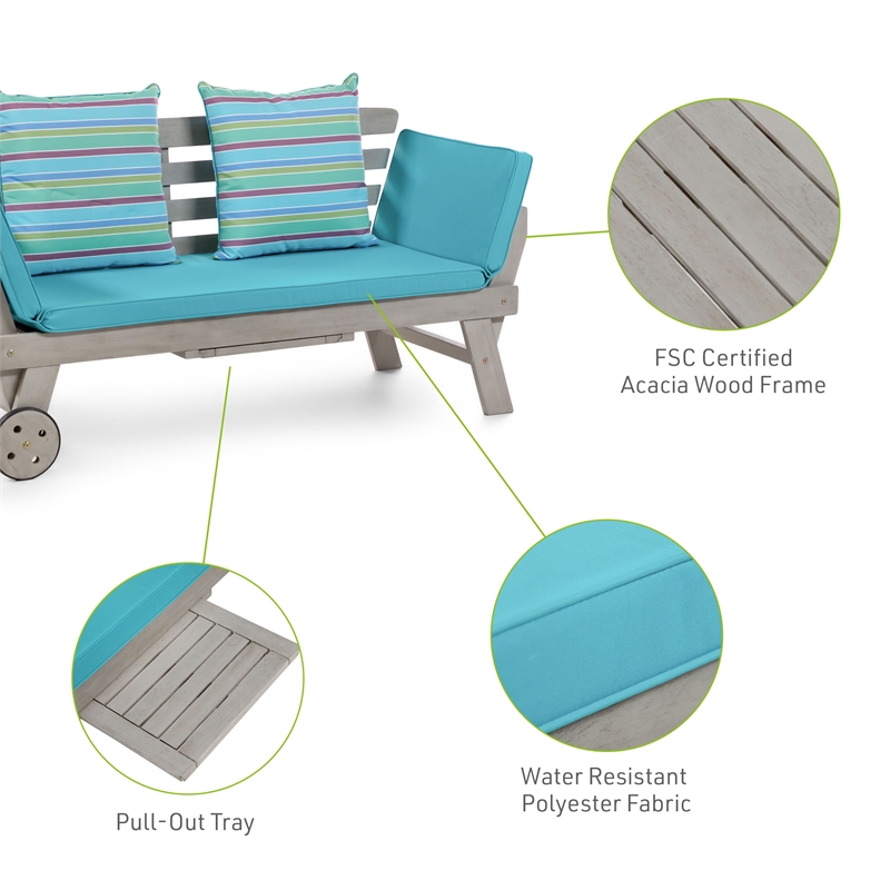 Greemotion Maui Expandable Outdoor Patio Daybed in Gray Acacia Wood