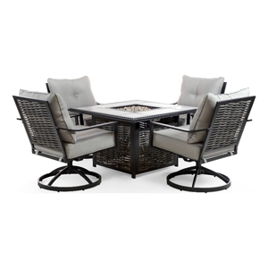Greemotion Segovia Set of 5 Black Metal Outdoor Chairs and Firepit with Lid