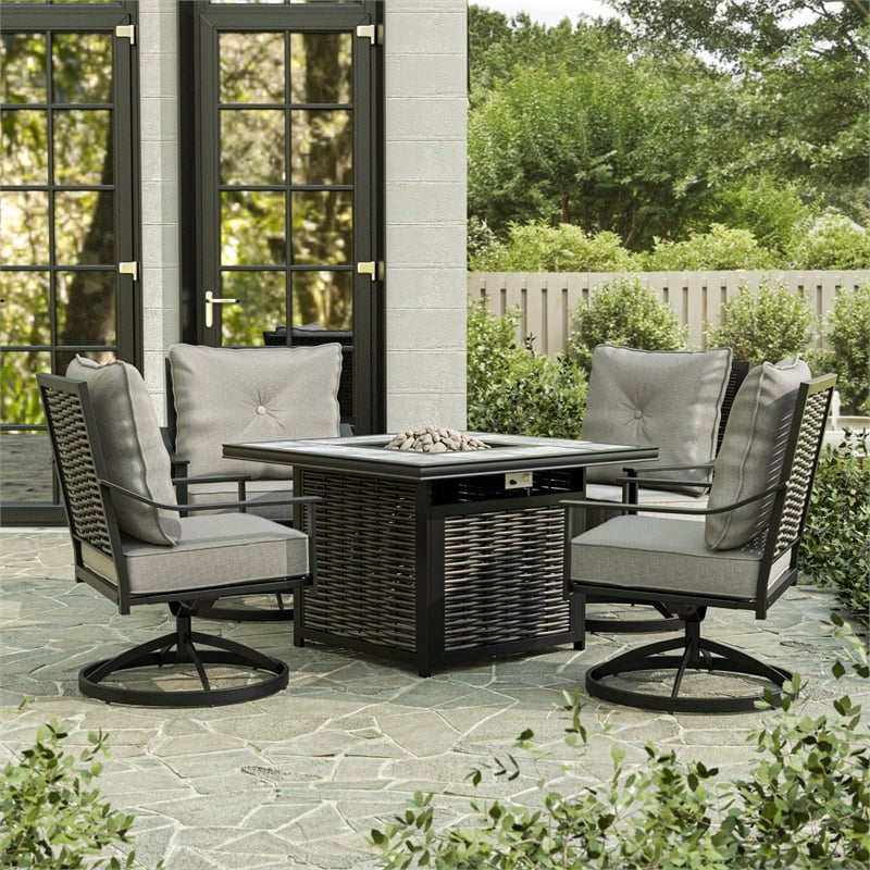 Greemotion Segovia Set of 5 Black Metal Outdoor Chairs and Firepit with Lid