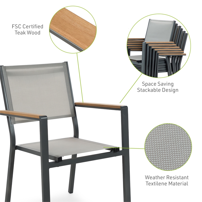 Greemotion Mackay 4-Piece Outdoor Patio Metal Gray Frame Chairs with Teak Accent
