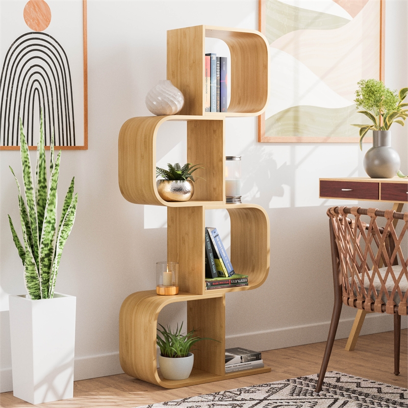 Greemotion Jena 4-Tier S-Shaped Bamboo Bookcase in Natural
