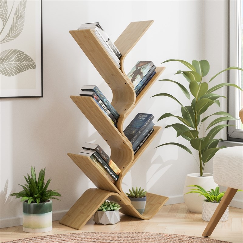 Greemotion Jena 6-Tier Curved Bamboo Bookcase in Natural