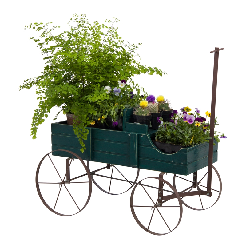 Shine Company Small Cedar Wood Decorative Buckboard Wagon Planter in Green