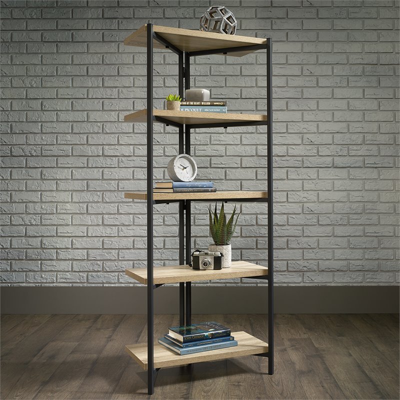 Sauder North Avenue Metal and Engineered Wood 4-Shelf Bookcase in Charter Oak