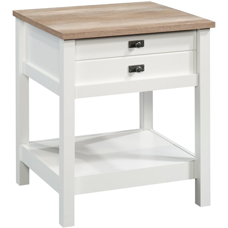 Sauder Cottage Road 1 Drawer Nightstand in Soft White and Lintel Oak