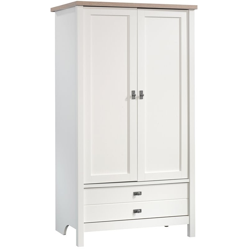 Sauder Cottage Road Engineered Wood Armoire in Soft White and Lintel Oak