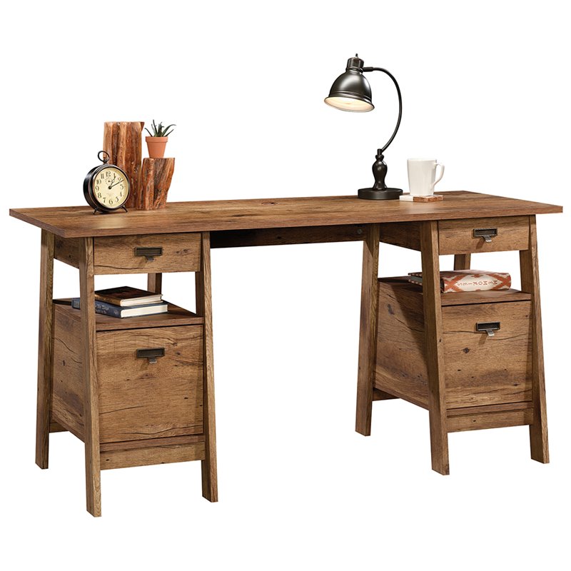 Sauder Trestle Executive Desk in Vintage Oak