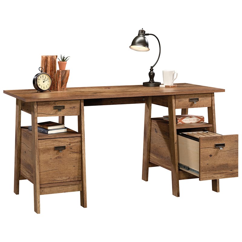 Sauder Trestle Executive Desk in Vintage Oak
