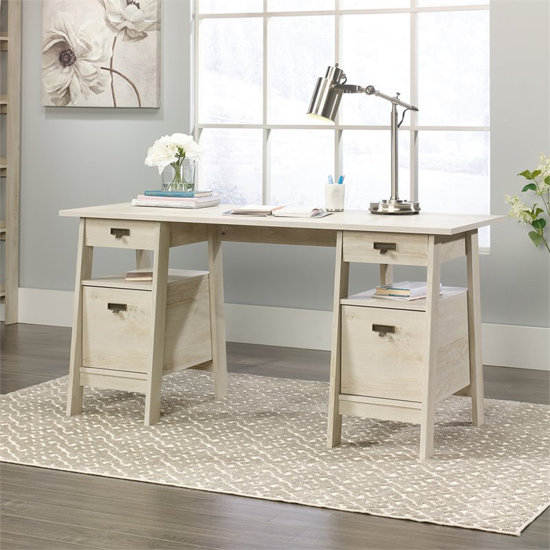 Sauder Trestle Engineered Wood Executive Desk in Chalked Chestnut
