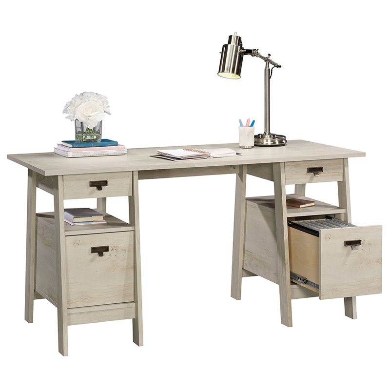Sauder Trestle Engineered Wood Executive Desk in Chalked Chestnut
