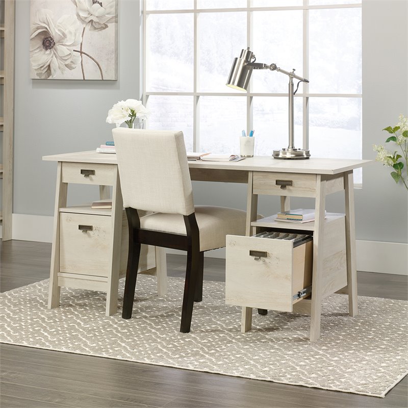 Sauder Trestle Engineered Wood Executive Desk in Chalked Chestnut
