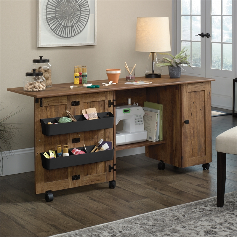 Sauder Engineered Wood Sewing Craft Cart in Vintage Oak Finish