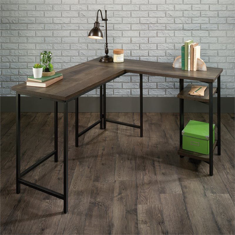Sauder North Avenue Mid-Century Wood and Metal L-Shape Desk in Smoked Oak