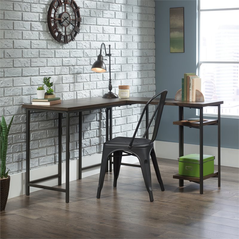 Sauder North Avenue Mid-Century Wood and Metal L-Shape Desk in Smoked Oak