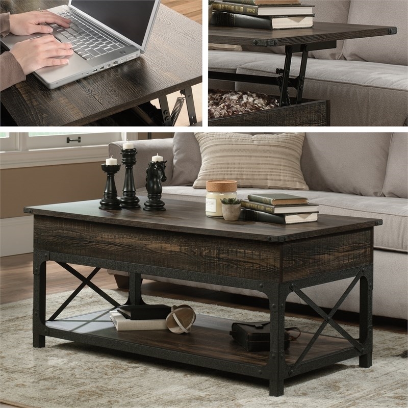 Sauder Steel River Engineered Wood Lift-Top Coffee Table in Carbon Oak/Black