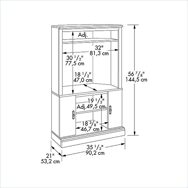   center features a storage area behind doors with an adjustable shelf