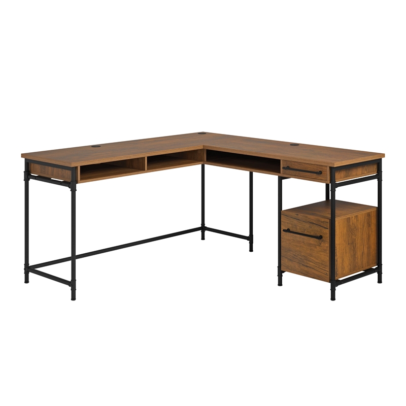 Sauder Iron City Engineered Wood L-Desk in Checked Oak Finish