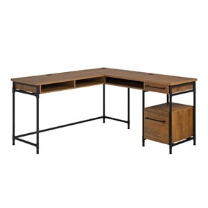 Sauder Iron City Engineered Wood L-Desk in Checked Oak Finish