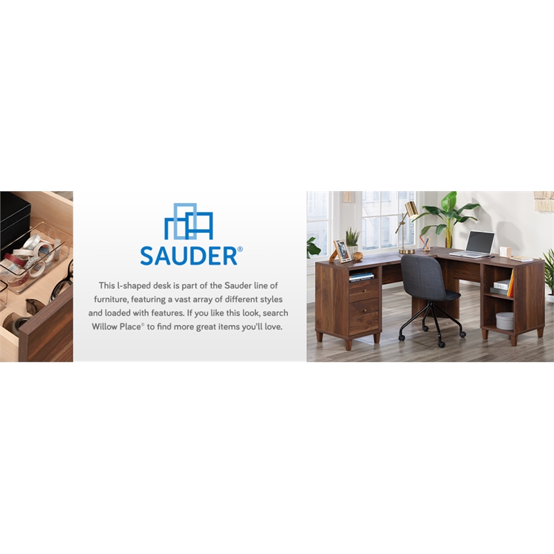 Sauder Willow Place Engineered Wood L-Desk in Grand Walnut Finish