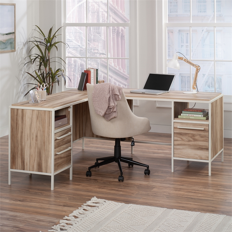 Sauder Loft Engineered Wood L-Desk in Kiln Acacia-Brown Finish