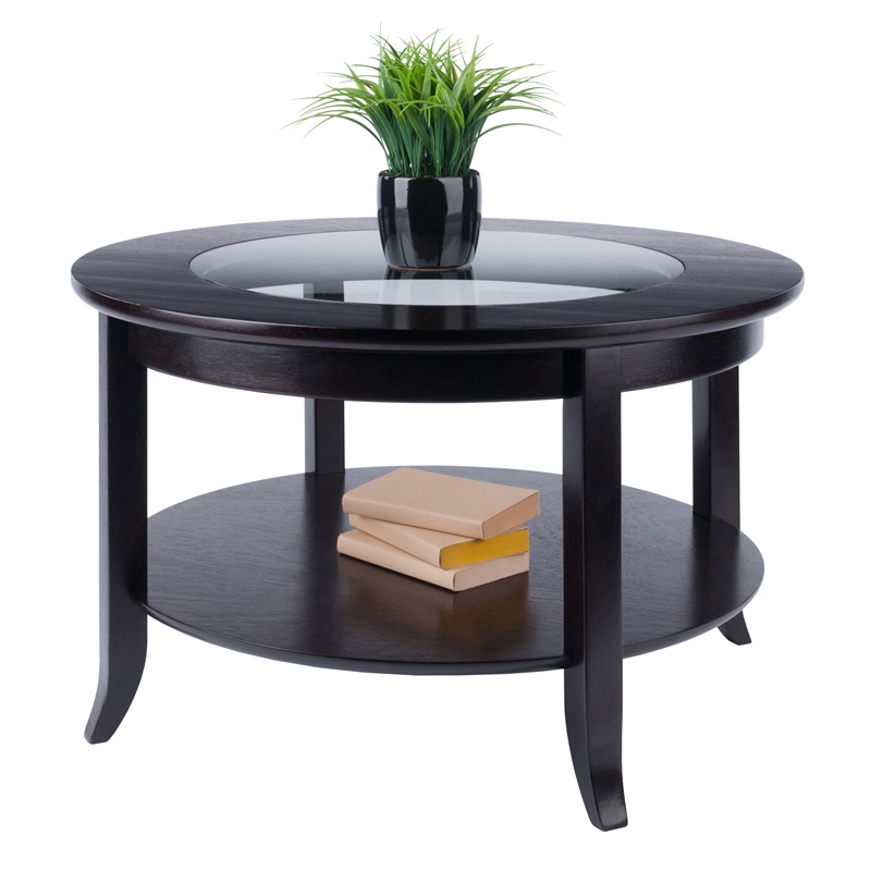 Winsome Genoa Round Solid Wood Coffee Table with Glass Top in Dark Espresso