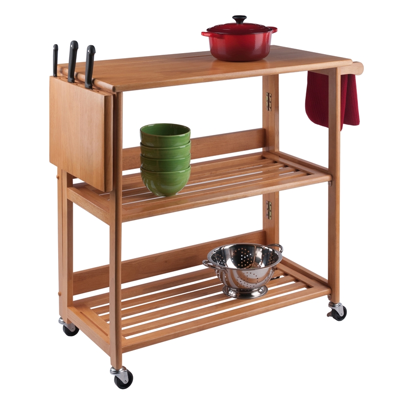 Winsome Radley Foldable Butcher Block Solid Wood Kitchen Cart in Light Oak