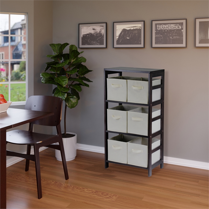 Winsome Capri 3-Section Wide Solid Wood Storage Shelf with 6 Baskets in Espresso