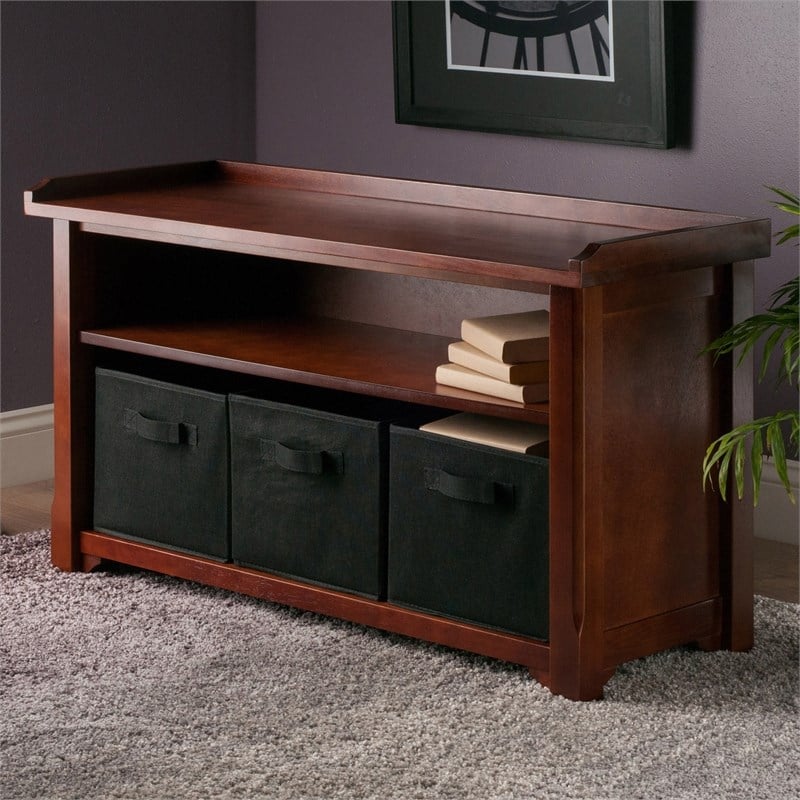 Winsome Verona Storage Solid Wood Bench with 3 Foldable Baskets in Walnut