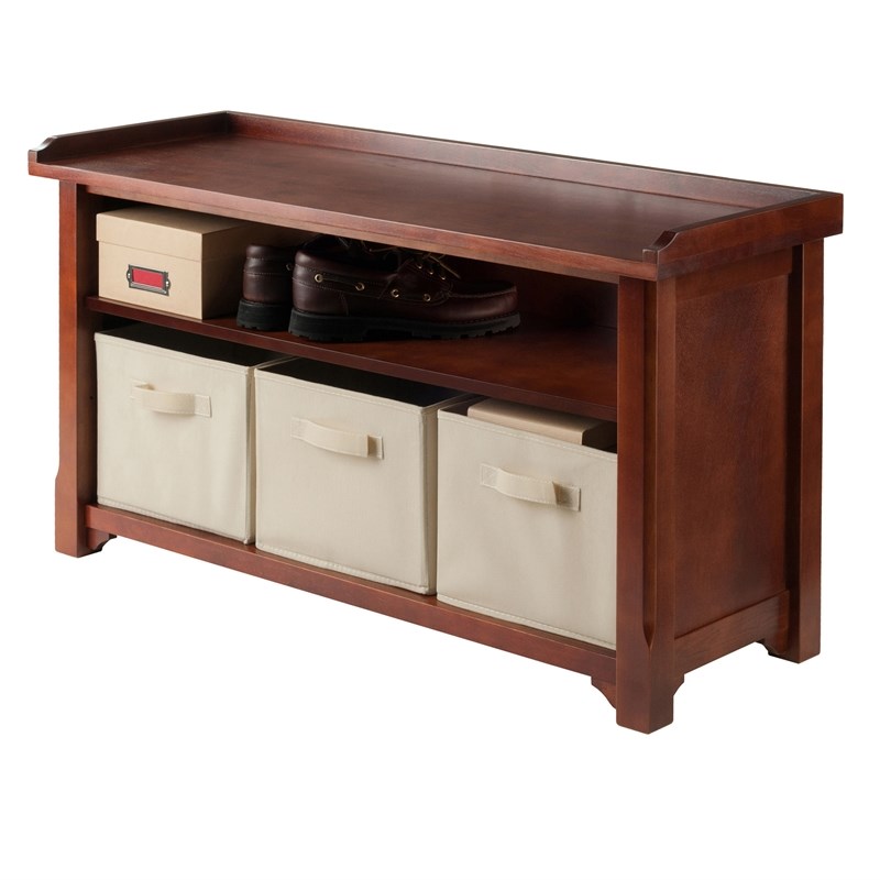 Winsome Verona Storage Solid Wood Bench with 3 Foldable Baskets - Walnut