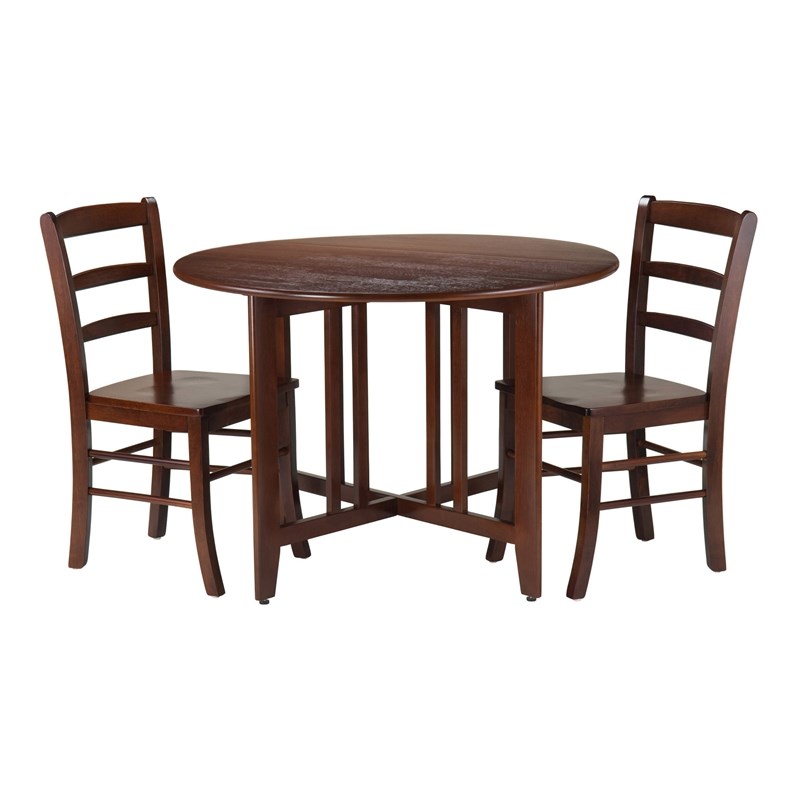 Winsome Alamo 3-Piece Round Drop Leaf Solid Wood Dining Set in Walnut