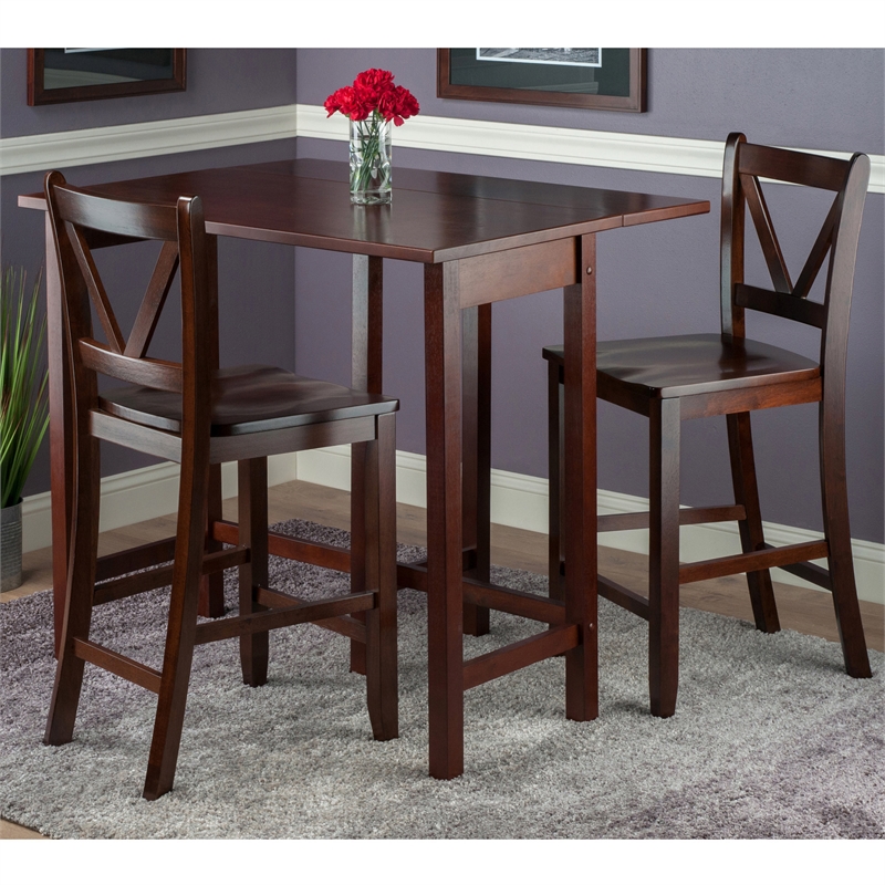 Winsome Lynnwood 3-Piece Drop Leaf Counter Height Solid Wood Dining Set - Walnut